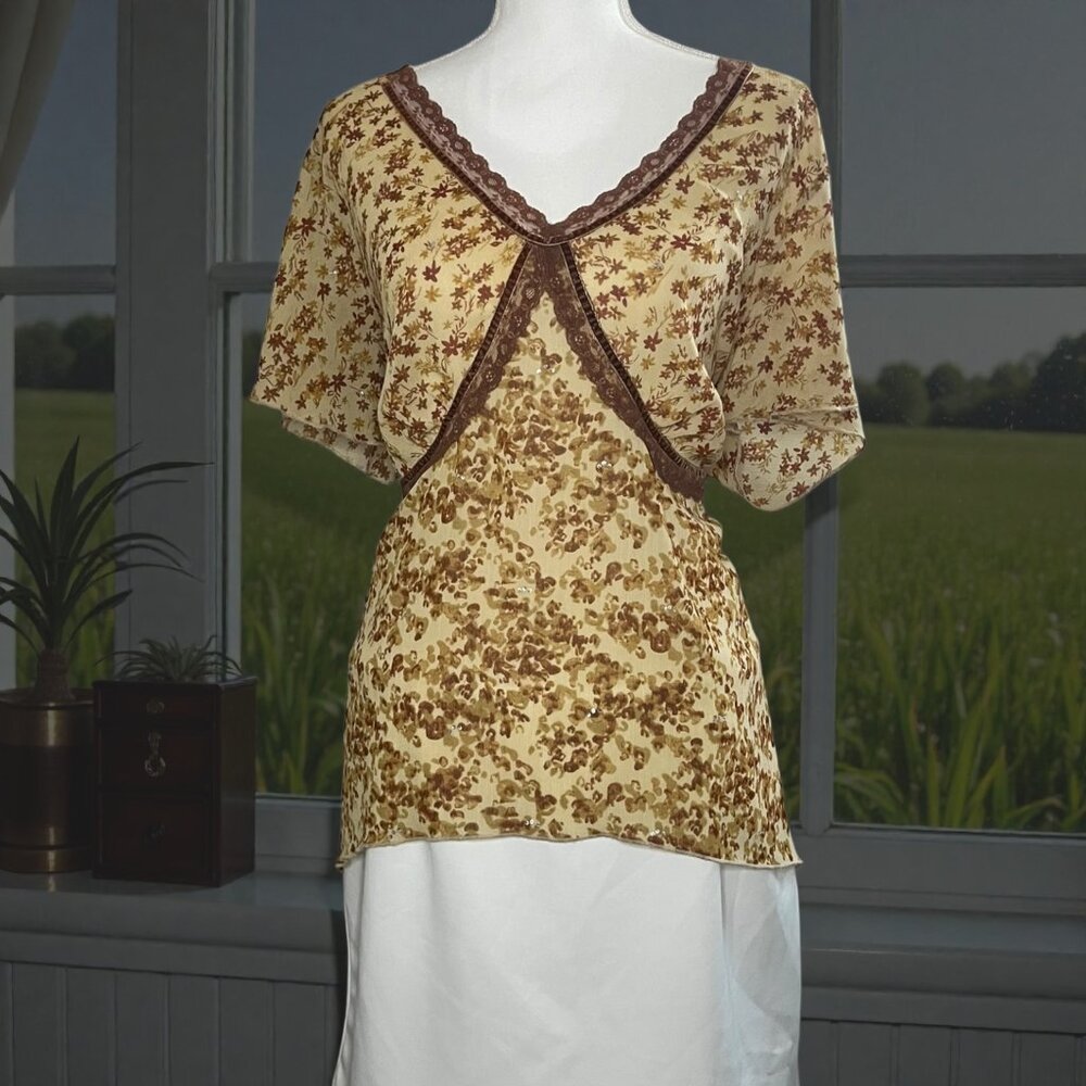 Lane Bryant 18/20 XL Blouse Floral Sequin Lace Brown Yellow Sheer Boho Top Y2K